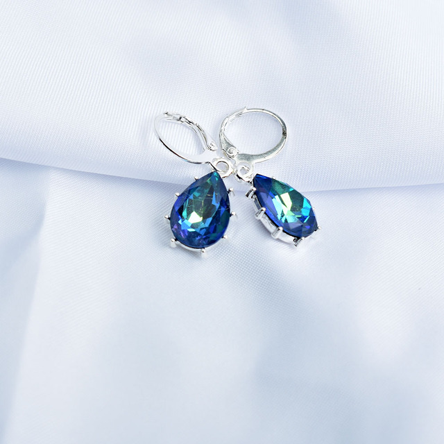 Geometric Crystal Water Drop Earrings For Women Silver Color Red Blue Jewelry Bridal Gift Boucle D'Oreille Femme