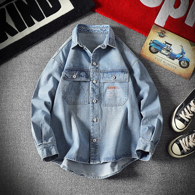 Fashionable men's denim shirt long-sleeved large size cotton denim cardigan casual slim-fit shirt men's two pockets clothes 5XL Fashionable men's denim shirt long-sleeved large size cotton denim cardigan casual slim-fit shirt men's two pockets clothes 5XL