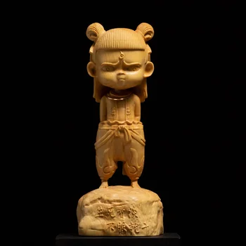 

a Wood 10/12/15CM Cartoon Lovely Nezha Statue Demon Child Into The World Yellow Wood Carvings Car Crafts Living Room Decoration