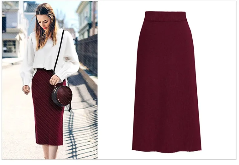 Зимняя трикотажная облегающая юбка-карандаш размера плюс M-6XL, юбки с высокой талией, женская уличная длинная юбка с разрезом, Женская юбка Faldas Mujer