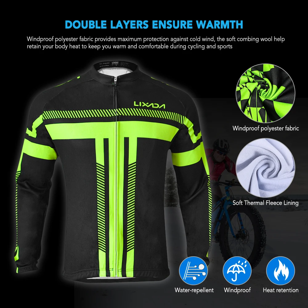 Lixada Mens Cycling Jersey Set Winter Long Sleeve Thermal Fleece Cycling Clothing Windproof Cycling Jacket Coat 3D Padded Pants Trousers