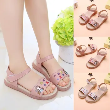 

2020 New Arrival Summer Girl Sandals Children Princess's Flat Heels Casual Shoes Kids Soft Leather Cartoon Print Hook & Loop