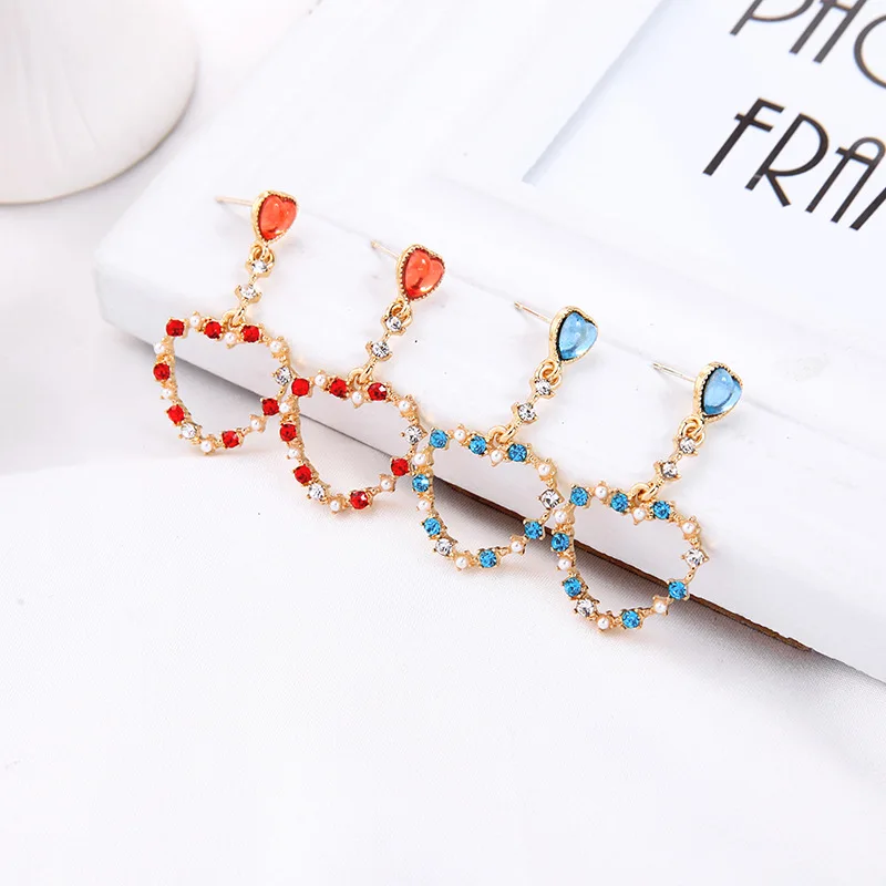 Fashion Drop Earrings For Women Ins Elegant Beautiful Red Blue Resin Acrylic Pearl Crystal Heart Love Shape Dangle Earring Jewelry Accessory Girls