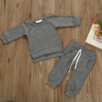 

2019 New Autumn Baby Boys Girls Clothes Set Solid Print Long Sleeve Sweatshirt Tops And Pants Trouser Costume Set 2019