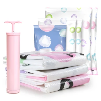 

Reusable Vacuum Storage Bag Pack Set with Hand Pump Space Saver 8 Compression Bags Double Zip Seal Leak Valve for Bedding Pillow