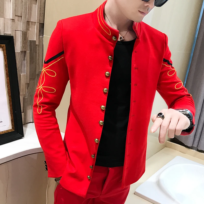 4 цвета Золотая пуговица Zhongshan костюм со стоячим воротником куртка модная вышивка принт мужской костюм куртка мульти-кнопка тонкий клубный блейзер