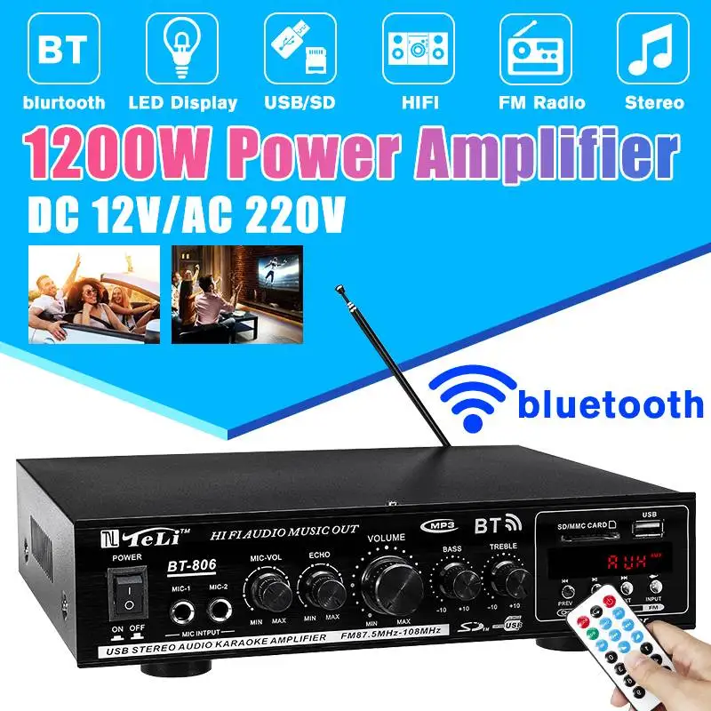 1200 Вт профессиональный аудио усилитель мощности bluetooth HF домашний кинотеатр Автомобильные усилители сабвуфер дистанционное управление Поддержка FM USB SD
