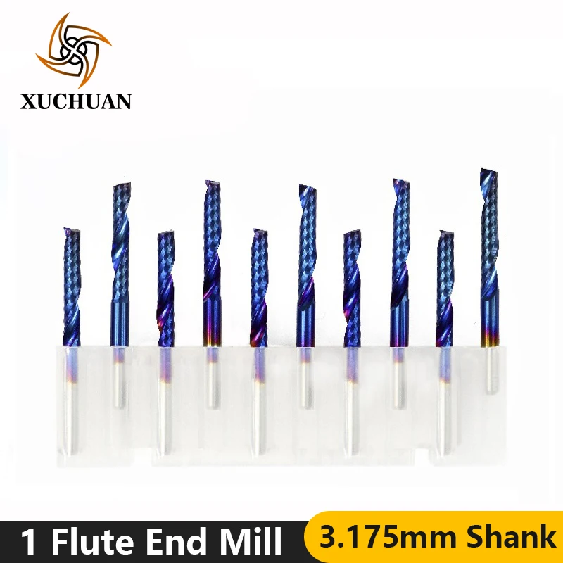 

10pcs 3.175mm Shank 1 Flute End Milling Cutter Tungsten Steel Spiral Router Bit Nano Blue Coating CNC End Mills