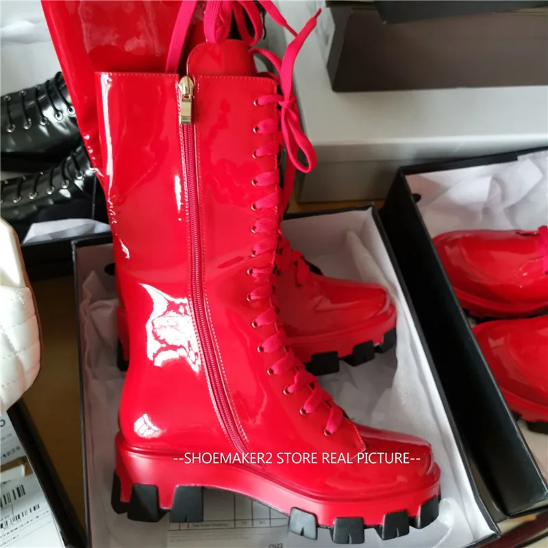 Новинка; розовые женские сапоги; рыцарские сапоги с круглым носком на толстой подошве; яркие Ботинки martin до середины икры с перекрестной шнуровкой; римская обувь на платформе; botas Mujer