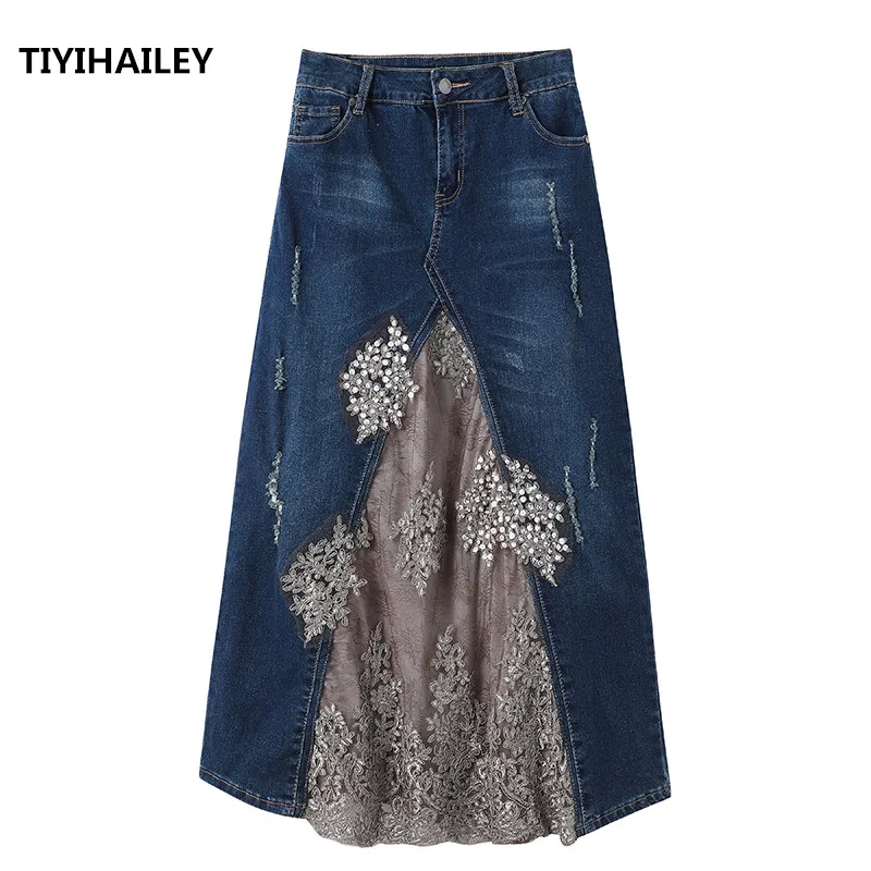 TIYIHAILEY Free Shipping 2021 Fashion Long Maxi Denim And Lace Patchwork  Jeans Skirt Women Plus Size S-2XL Summer Beaded Skirts