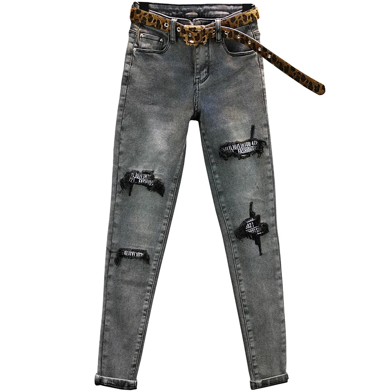 Stretch Jeans Woman 2020 Spring Autumn New Ripped High-Waist Slim-Fit Tight-Fit Denim Pencil Jeans Women's Smoke Gray Jeans Jean