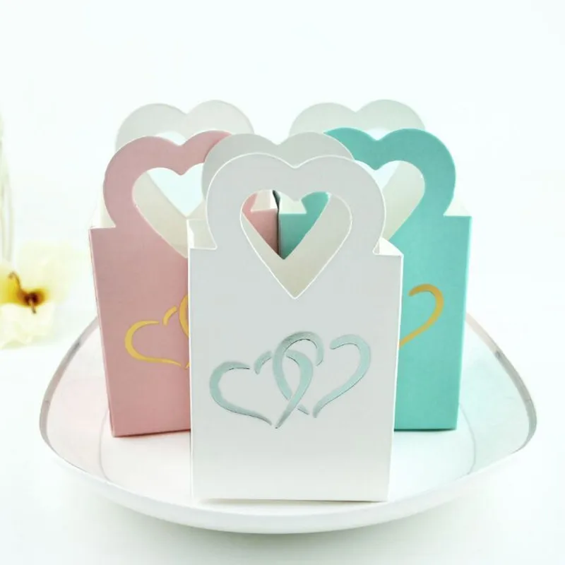 

New 10pcs gold Mini Heart Wedding Decoration Candy Box Beautiful Double Sliver Heart Hand bag Small Party Favor Gift Tea Bag