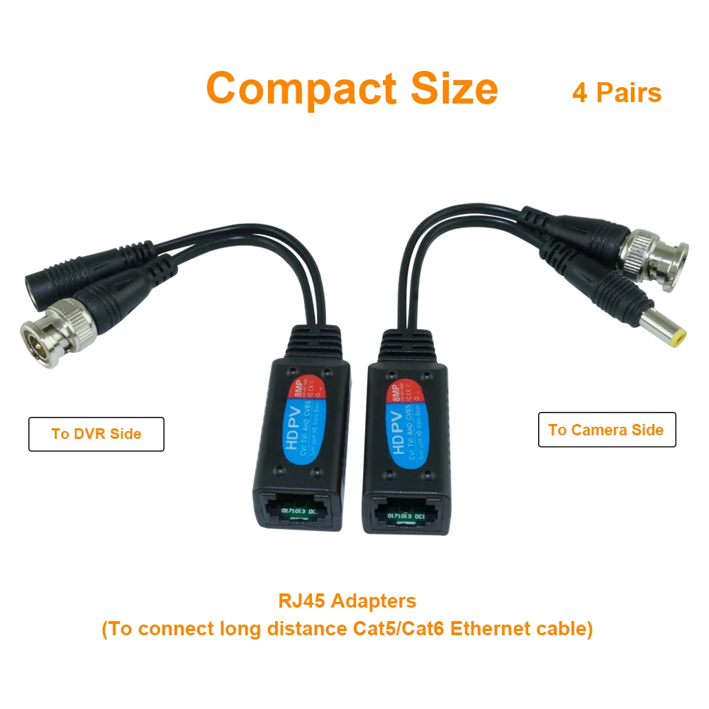 비디오 발룬 케이블, 8MP HD 변속기 트위스트 송신기 BNC-RJ45 어댑터 지지대, HDCVI TVI AHD 카메라, 4 쌍