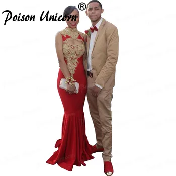 

Elegant High Neck Sleeveless African Evening Dress Long 2020 Gold Appliques Mermaid Red Long Satin Prom Dresses Vestido De Festa