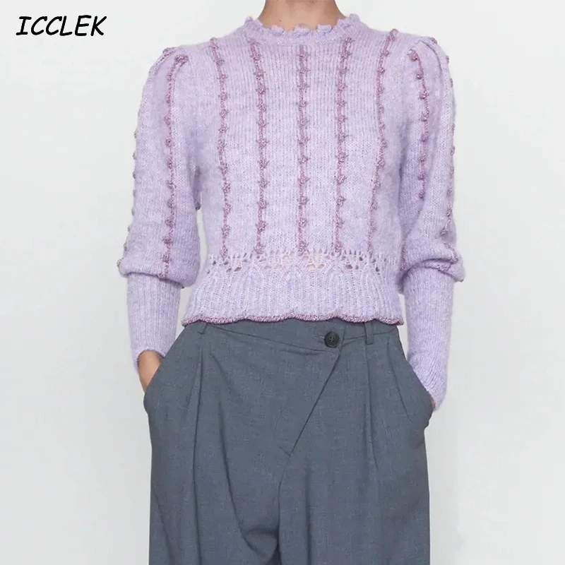

Women's Purple Sweater Floral Knitted Jumpers Female Long Sleeves Pullover Knitwear Cropped Sweater Autumn 2020 Skinny Knit Tops