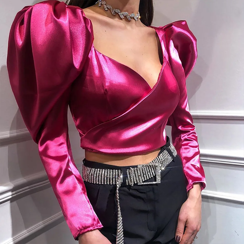 Модфи модный шикарный высококачественный Женский короткий топ сексуальный v-образный вырез с длинным рукавом Клубные Вечерние Розовые Красные Топы ВЕСНА Новинка - Цвет: Rose Red