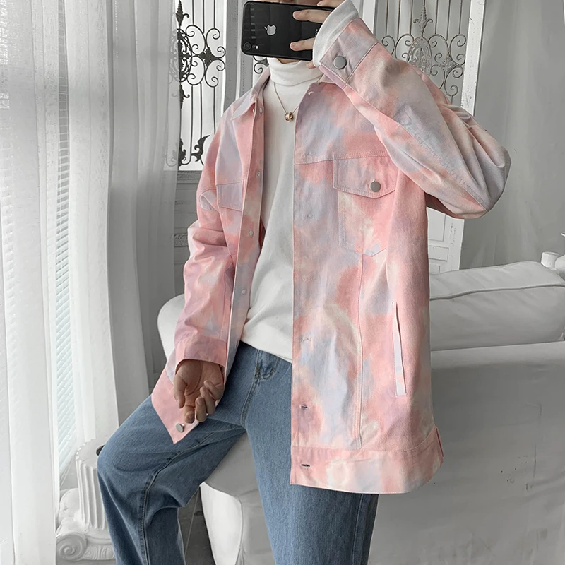 

2019 Spring And Autumn New Trend Tie-dye Lapel Casual Print Men's Fashion Loose Jacket Youth Shirt Black Red / Green