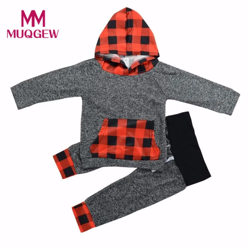 New Floral Cute Comfortable Newborn Infant Baby Boys Girls Plaid Print Hoodie Tops Shirt+Pants Outfits Set 905