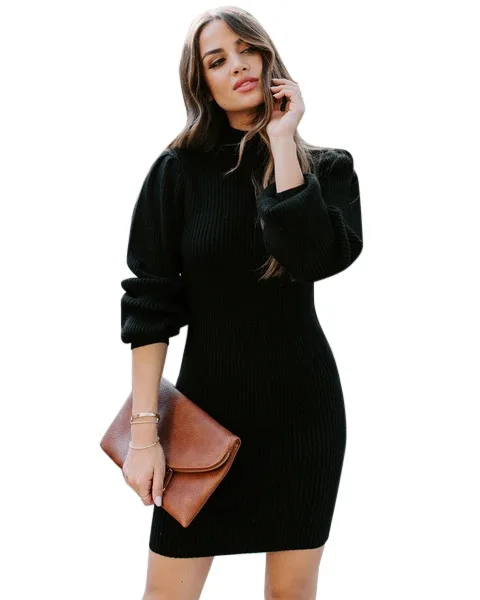 black dress Зимнее платье-свитер с пышными рукавами, женское элегантное облегающее мини-платье с высоким воротом, повседневное вязаное ребристая одежда, платье Vestidos - Цвет: black dress