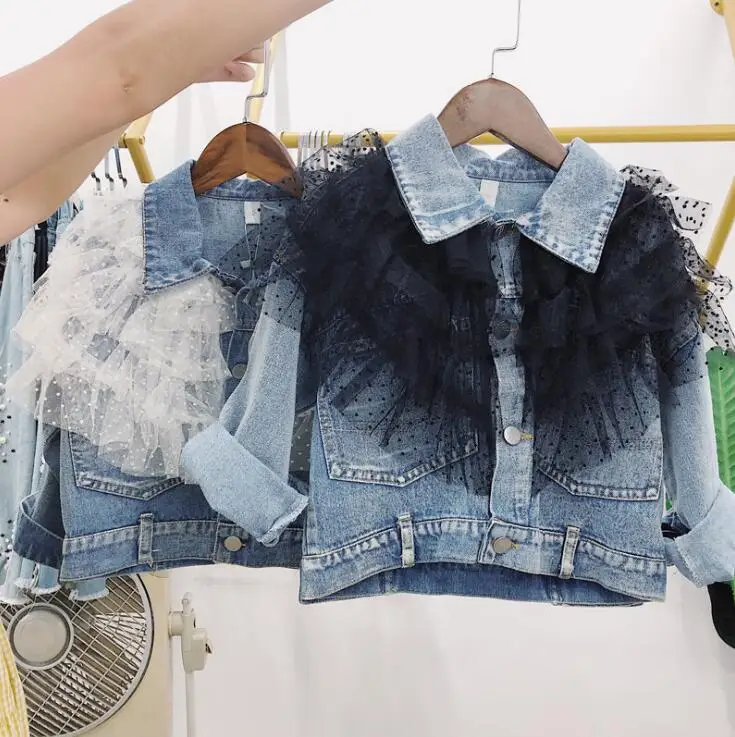 

2019 New Arrival Girls Denim Tulle Coat Pathcwork Autumn Winter Full Sleeve Fashion Girls Jacket 3-8 Years PX728