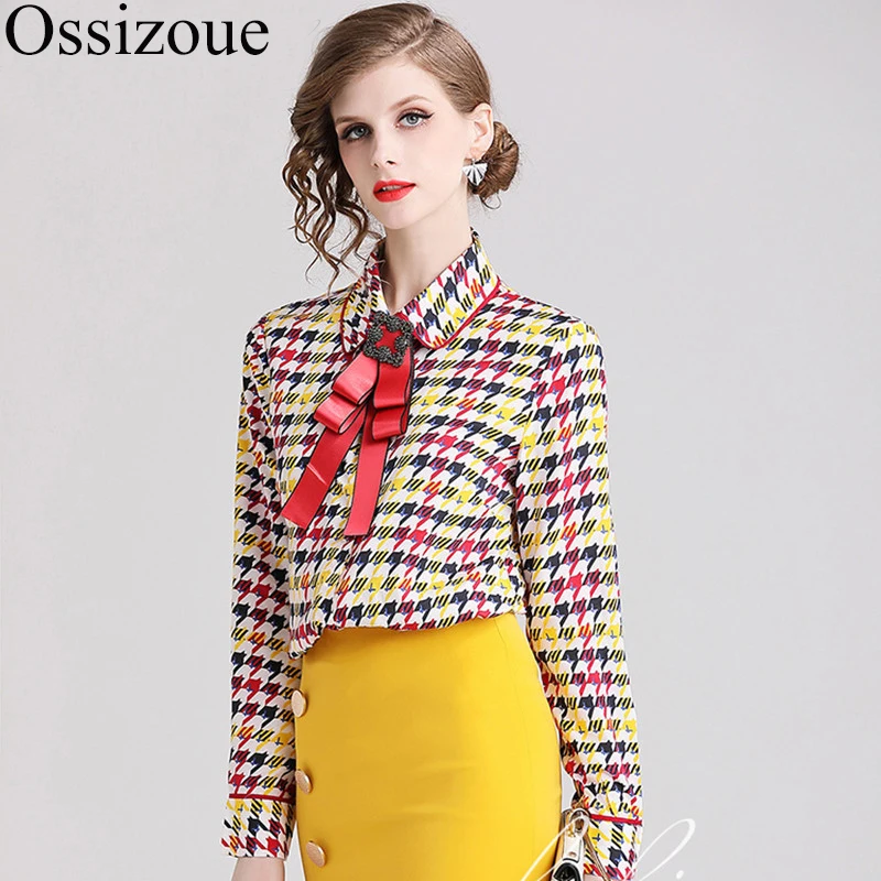 

2019 Runway Plaid Multicolor Houndstooth Blouse Women Long Sleeve Beading Satin Bow Shirts Top Office OL Elegant Blusas Mujer