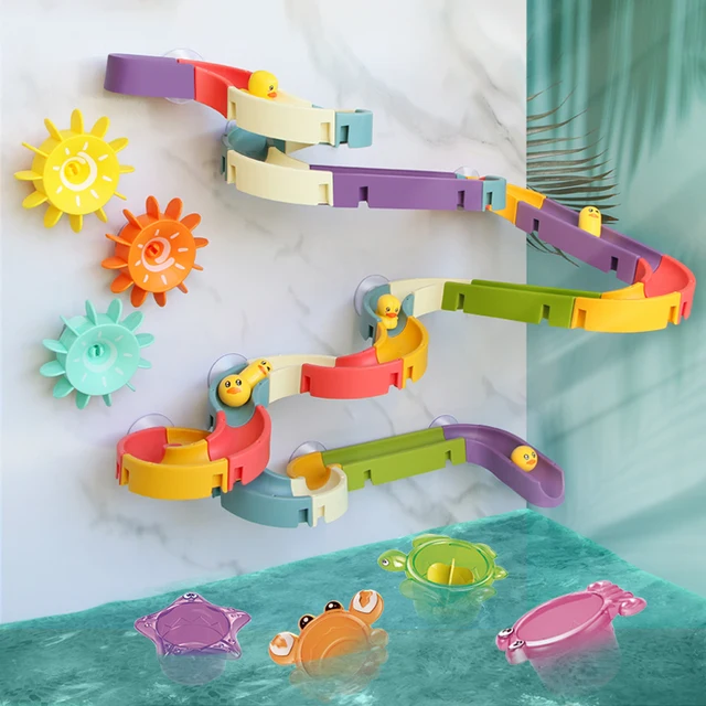 Baby Bath Toys DIY Marble Race Run Assembling Track Bathroom Bathtub Kids Play Water Spray Toy Set Stacking Cups For Children 2