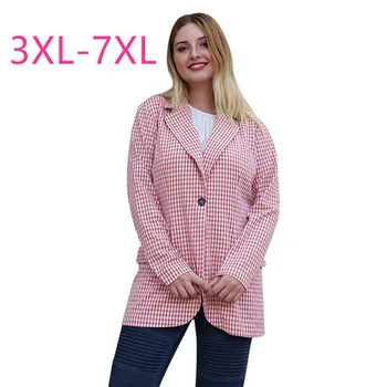 

2020 spring autumn plus size long blazer for women large casual loose long sleeve plaid coats blazers pink 3XL 4XL 5XL 6XL 7XL