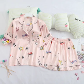 

2020 New Sleepwear Cute Prined Women Pajamas-Set Sexy Pijamas Casual Lapel Lady Short Sleeve T-shirt&Shorts Home Clothes Suit