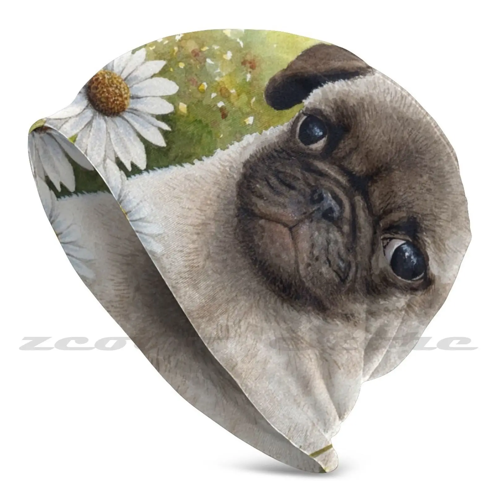 Cane 114 Pug Cappello In Maglia Elastico Morbido Modello Personalizzato Regalo Berretto Cane Pug Cucciolo Animale Animale Margherita Campo Di Fiori Na