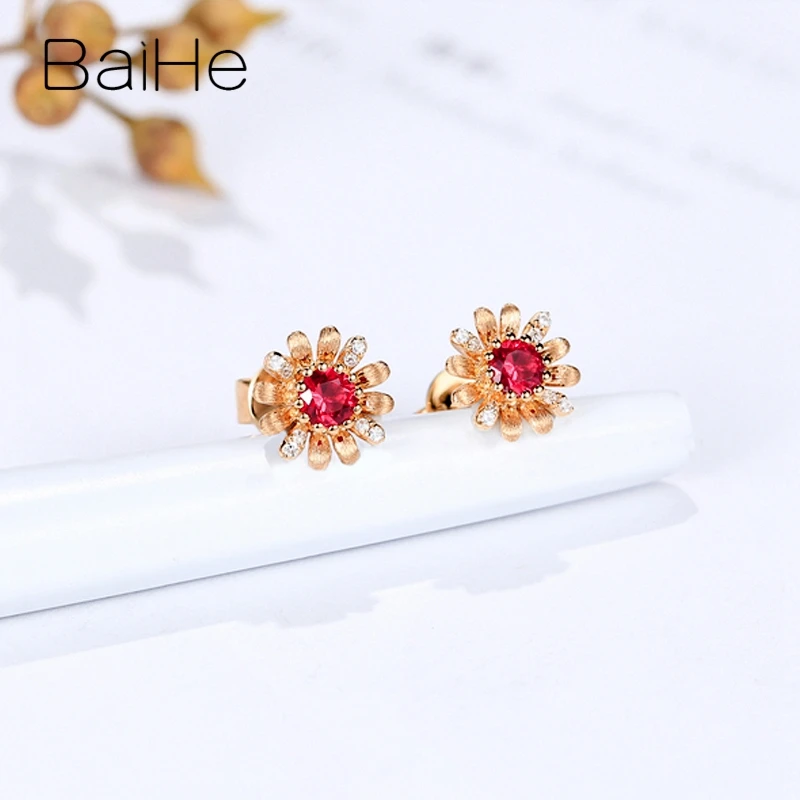 BAIHE Solid 14K розовое золото 0.22ct натуральный рубин 0.02ct натуральные бриллианты модные ювелирные украшения свадебные женские серьги-гвоздики в виде цветка