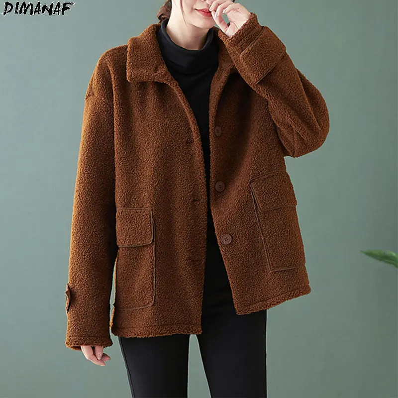 

DIMANAF Plus Size Women Coats 2020 Winter Cashmere Jacket Coats Solid Spliced Warm Flocking New Parka Thick Pockets Outerwear