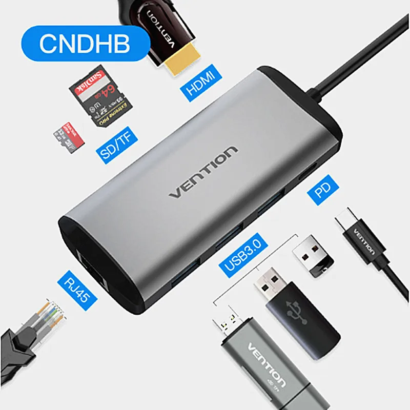 CND-8-in-1-Style Vention Thunderbolt 3 док-станция usb-хаб type C к HDMI USB3.0 RJ45 адаптер для MacBook samsung Dex S8/S9 huawei P20 Pro usb c адаптер - Цвет: CND-8-in-1-Style