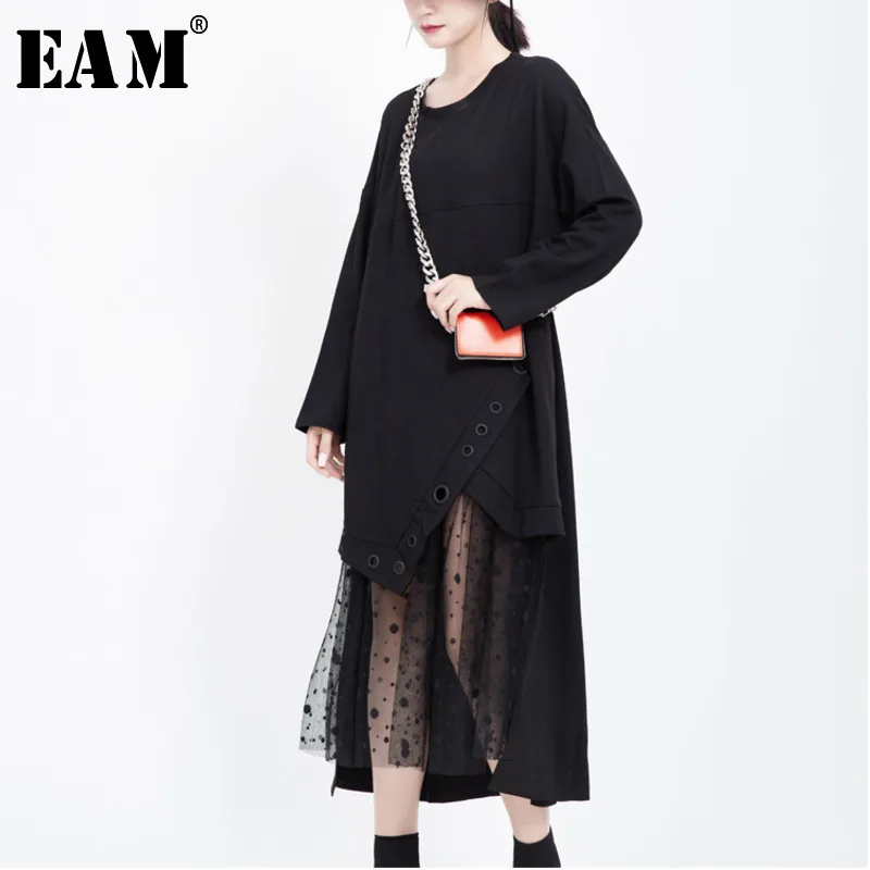 

[EAM] Women Dot Mesh Asymmetrical Split Black Dress New Round Neck Long Sleeve Loose Fit Fashion Tide Spring Autumn 2020 1K180