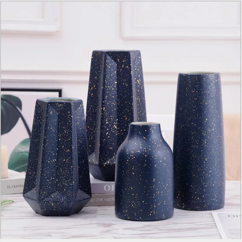 

Flower vase Light luxury Ceramic vase decoration Home decoration Crafts Flower Tibetan blue matt gold dot ceramic vase