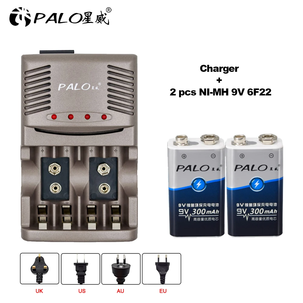 

PALO Smart Charger For AA AAA Rechargeable Batteries For NI-MH 9V 6F22 Battery+2pcs 9V 300mAh batteria Battery For microphone