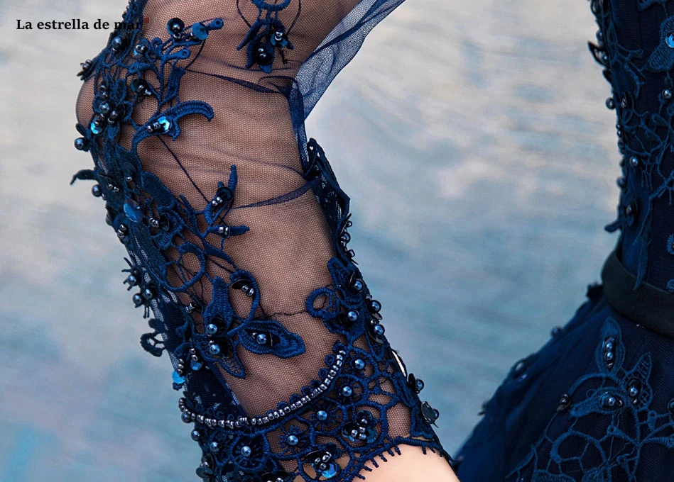 Vestido dama de honra, новинка, кружевное платье трапециевидной формы с длинным рукавом и бусинами, темно-синее платье подружки невесты, длинное свадебное платье abiti da damigella