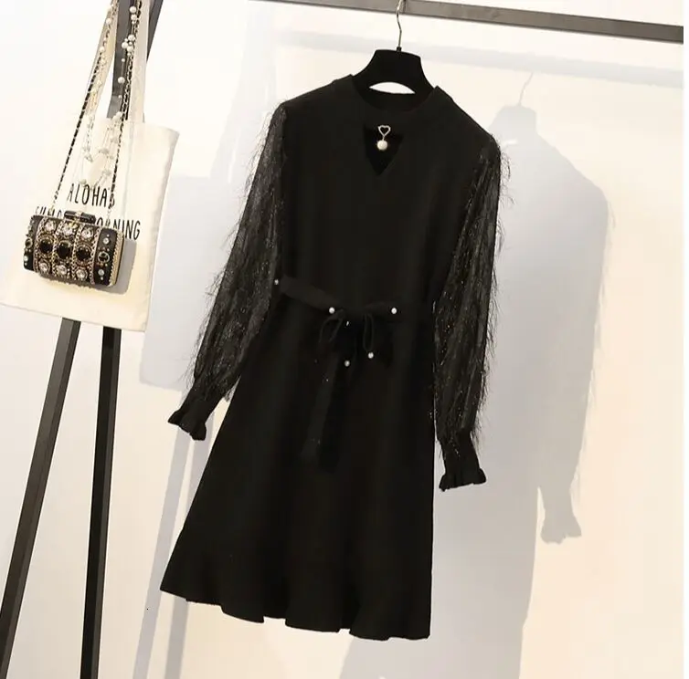 Женское вязаное облегающее платье размера плюс 4XL, лоскутное, с кисточками, с длинным рукавом, модное, с высокой талией, с оборками, вязаное платье Vestidos - Цвет: Black