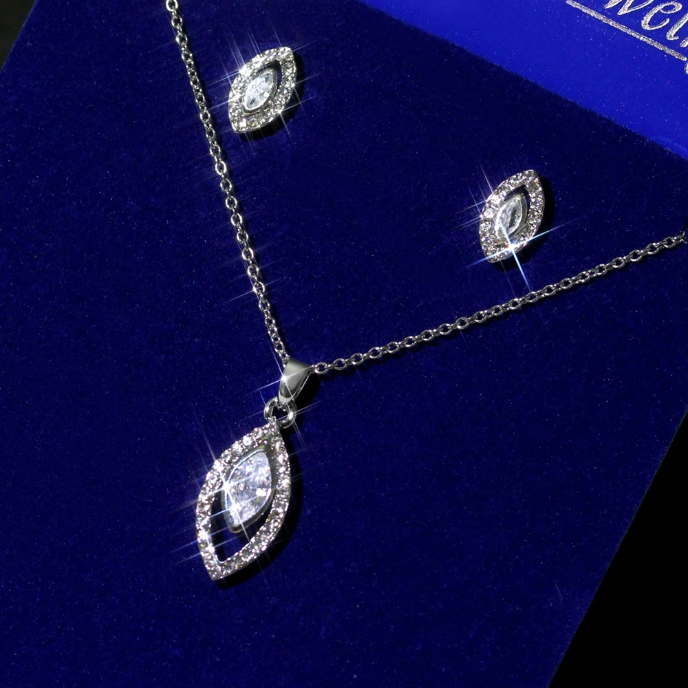 Horse Eyes Zircon Stud Earring + Collar Necklace Jewelry Set Simulated Diamond for Women Wedding 925 Silver Plated | Украшения и