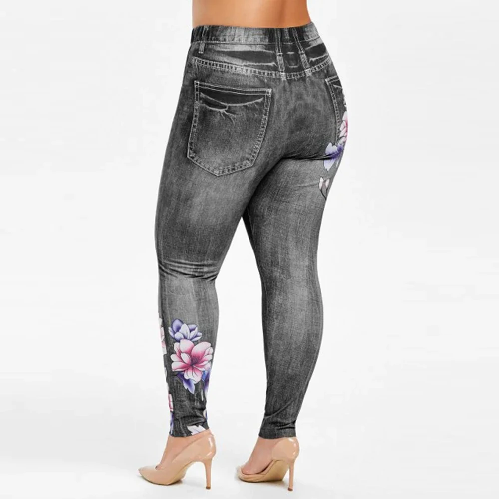 Imitation Denim Pants Women Large Size Flower Print Skinny Jeans for Woman Fashion Lady Mid Waist Jean Pencil Trousers D30