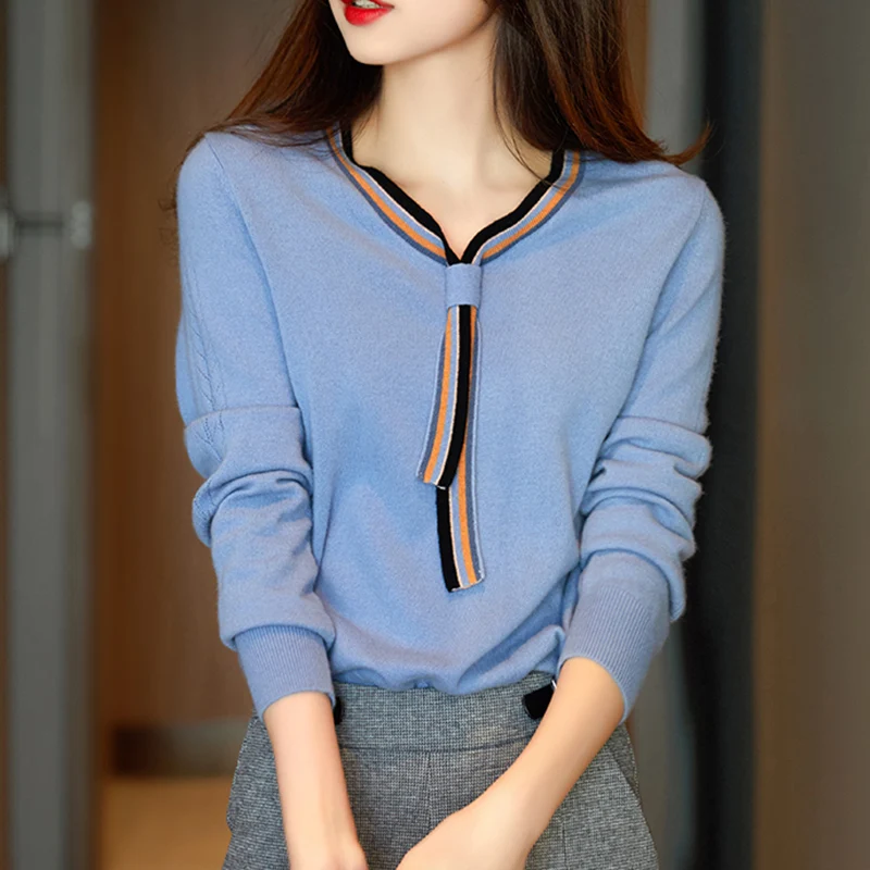 

LJSXLS Elegant Knitted Sweater Women Clothes 2020 Autumn V Neck Pullover Long Sleeve Sweater Winter Tops Knitwear Pull Femme