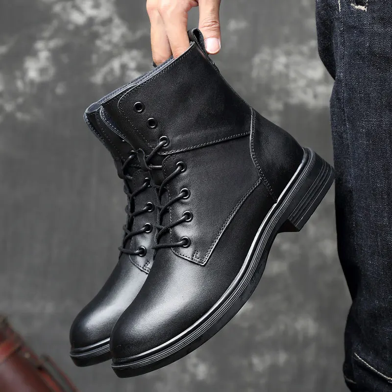 

Full-grain Leather Combat Boots Men's Genuine Leather Biker Boots Extra Large 50 Yards Men Shoes for Boots Winter