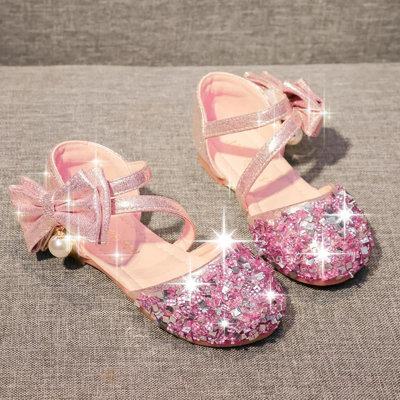 ULKNN Fashion Children Bowtie Sequins Rhinestone Sandals Princess Girls Big Kids Leather Soft Bottom Beach Shoes 3-12 Years