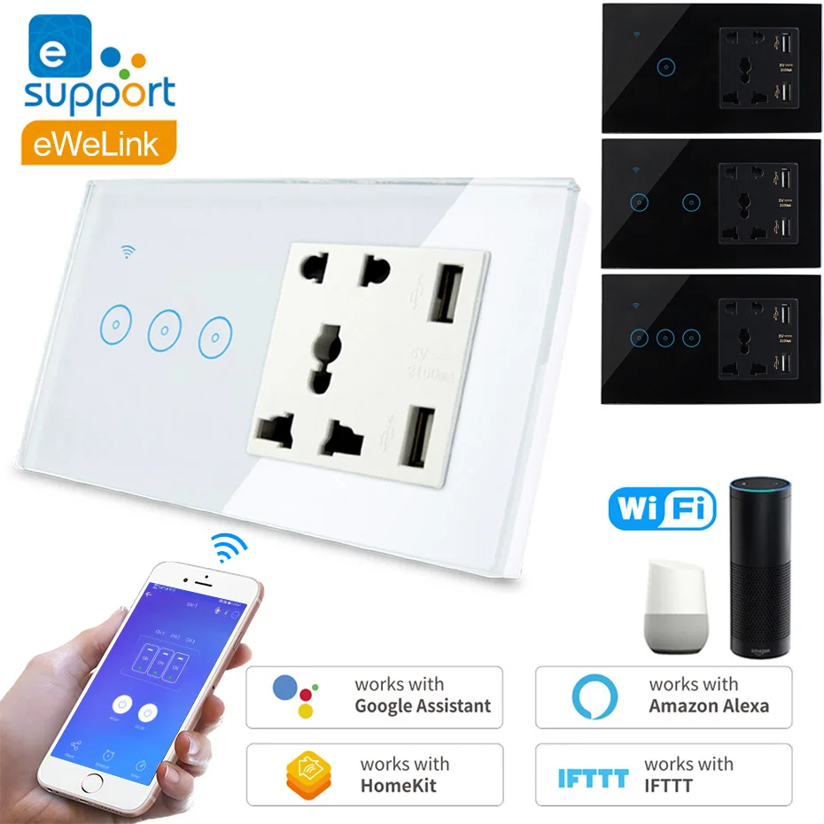 Умный сенсорный выключатель EweLink Wi-Fi с универсальной розеткой USB-порт работает Alexa