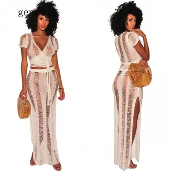 

Knitted Two Piece Crop Top Skirt Set Women Crochet 2 Piece Set High Split See Through Summer Beach Set Wear Cover Dress