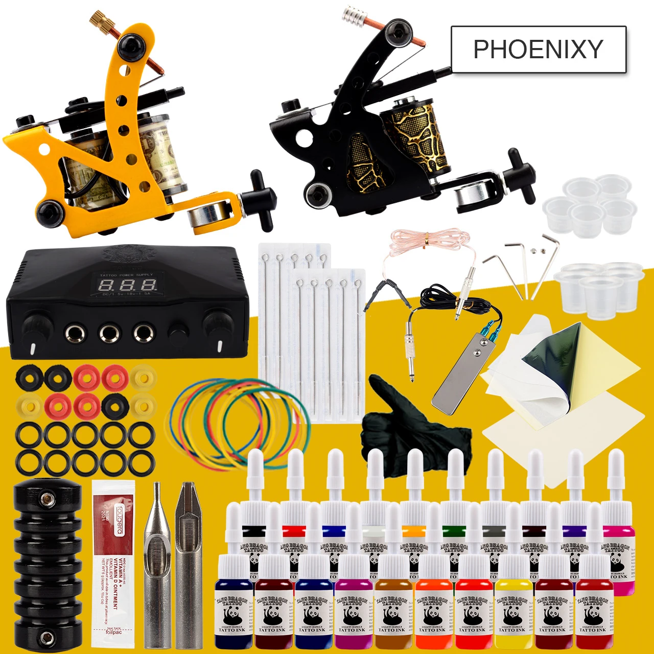 Goede Starter Tattoo Set 2 Coils Guns 20 Kleuren Pigment Inkten Sets Black Power Permanente Make Up Tattoo Kit Tattoo Machine Set