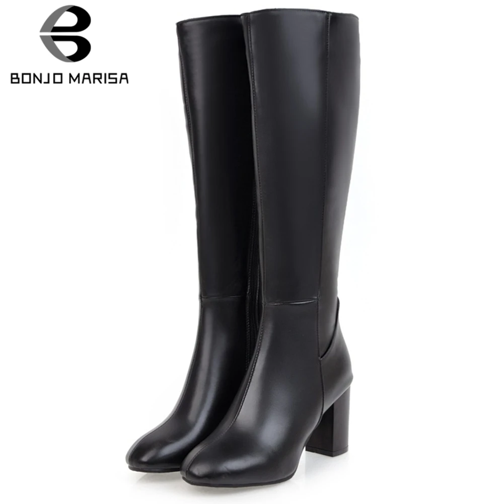 

BONJOMARISA New Plus Size 32-45 Elegant Ladies OL mid-calf Boots Women 2019 Fashion Squre Toe Boots High Heels Shoes Woman