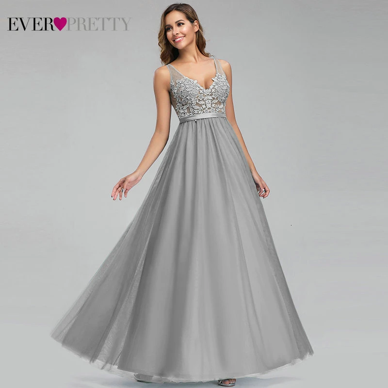 Ever Pretty Dusty Blue Bridesmaid Dresses V-Neck Appliques Elegant Long Dresses For Wedding Party EP00930DB Vestidos De Madrinha - Цвет: Grey