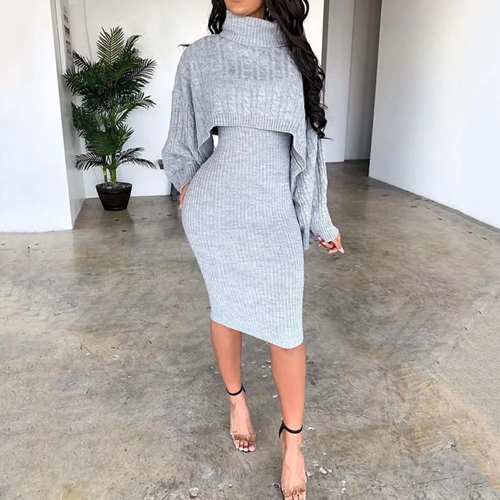 

Two Piece Sets Turtleneck Spring Sweater Dress Women Fashion Warm Autumn Long Sleeve Sexy Bodycon Plus Size Midi Knitted Dress