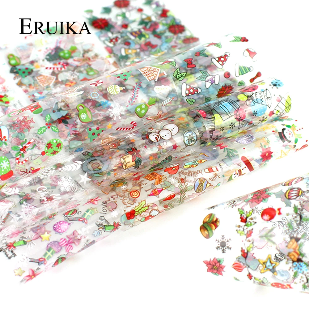 

10pcs Christmas Transfer Nail Foil Sticker Snow Flower Elk Santa Adhesive Paper Mix Colorful Decorations for Nails Nail Tools