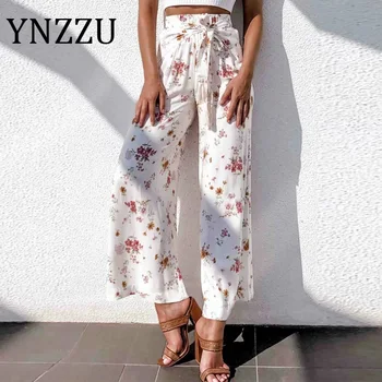 

YNZZU Elegant Floral Print High Waist Wide Leg Pants Women 2020 Spring Summer Tie UP Bow Tassel Long Female Pants Trousers AB300
